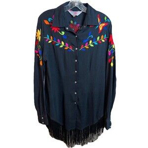 Black Bold Embroidered Florals Button Down Fringe Roja Western Boho Chic Size M